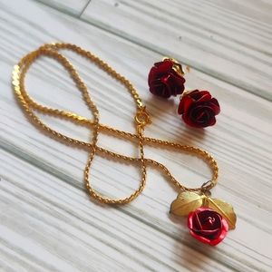 Vintage metal Red Rose necklace and Earring Combo